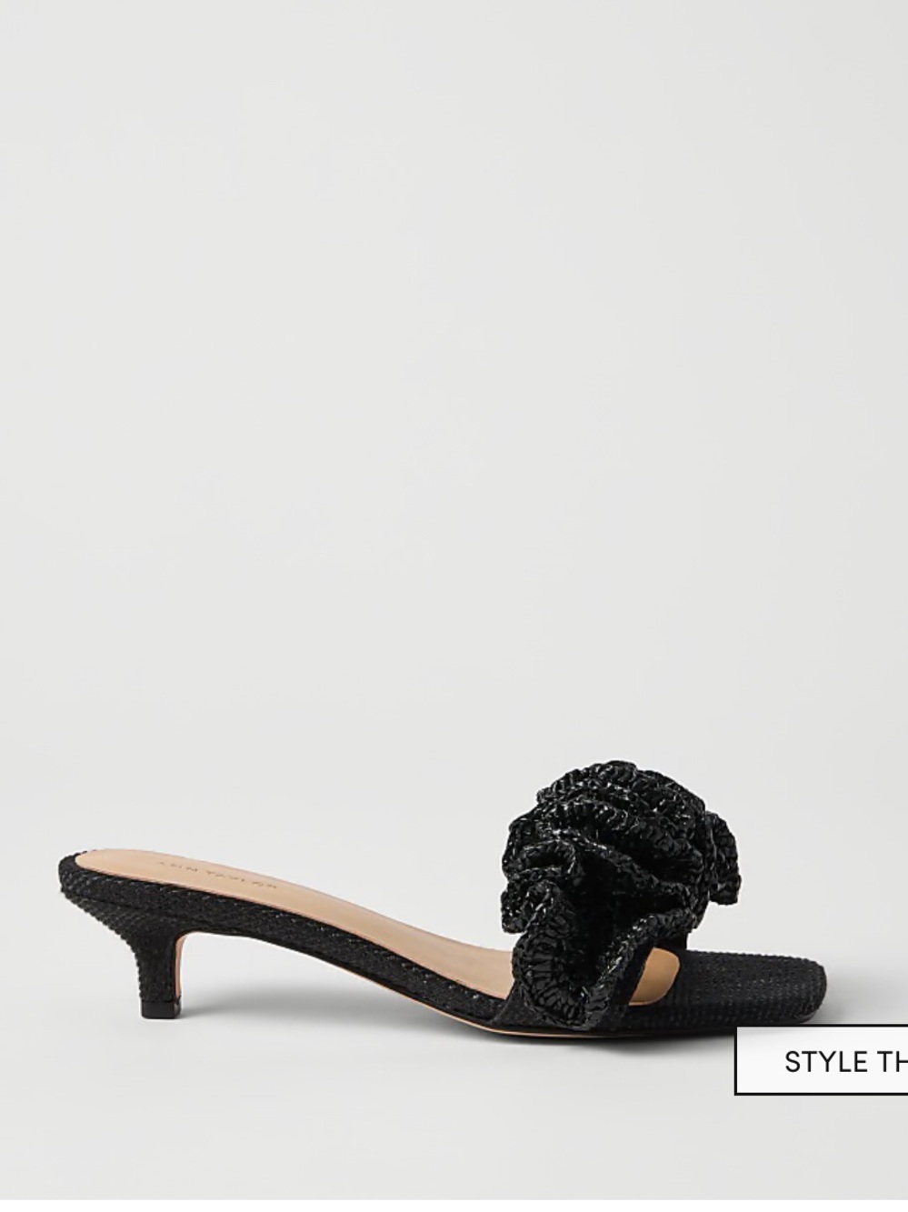New in box Ann Taylor Black Gathered Straw Kitten Heel Sandal